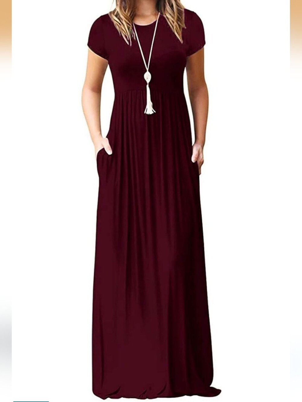 Dearcase Short Sleeve Maxi Dress in Wine Red Small Stretch Flowy Pockets Women's